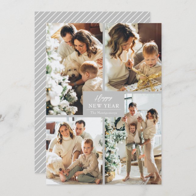 Happy New Year 4 Photo Collage Holiday Card (Front/Back)
