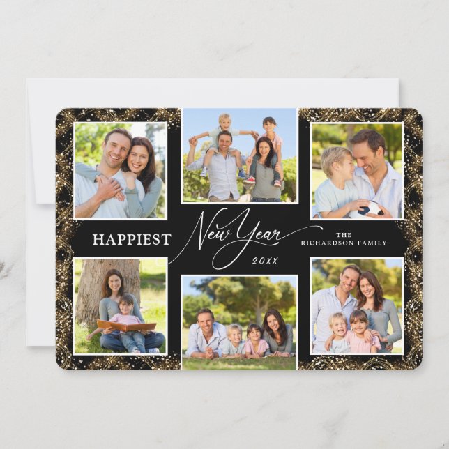 Happy New Year 6 Photos Faux Glitter Holiday Card (Front)