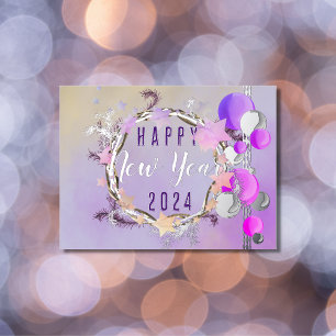 Happy new year and ornaments in sweet colours foil holiday postcard