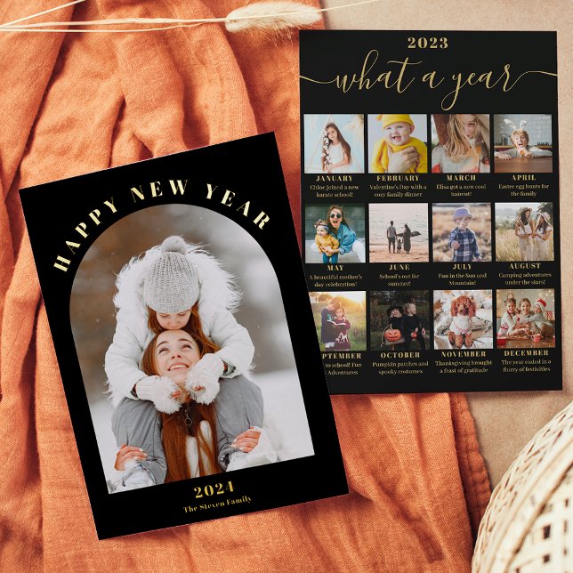 Happy New Year arch year in review 13 photos black (Happy New Year arch year in review 13 photos black Foil Holiday Card)