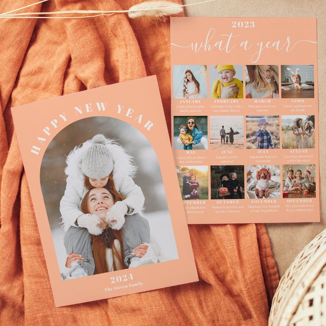 Happy New Year arch year in review 13 photos peach Holiday Card (Happy New Year arch year in review 13 photos peach Holiday Card)