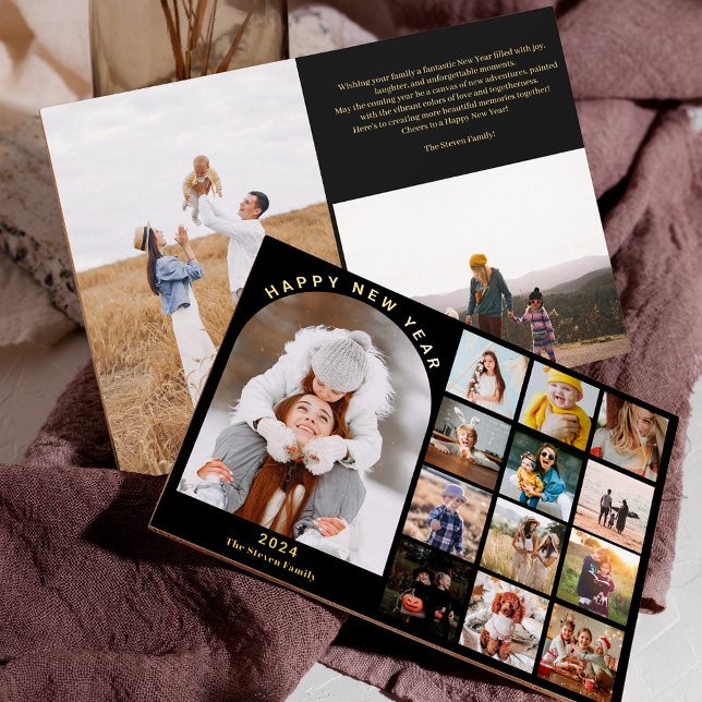 Happy New Year arch year in review 15 photos gold (Happy New Year arch year in review 15 photos gold Foil Holiday Card)