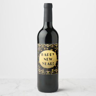 Happy New Year! Art Deco Gold and Black Wine Label