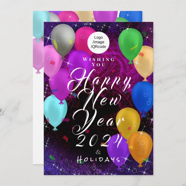 Happy New Year Balloon Corporate Holiday Card (Front/Back)