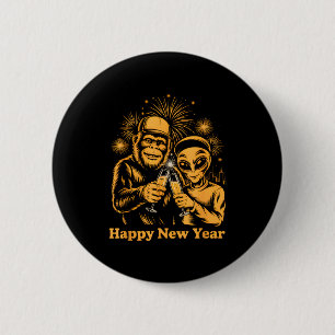 Happy New Year Bigfoot And Alien Sasquatch Firewor 6 Cm Round Badge
