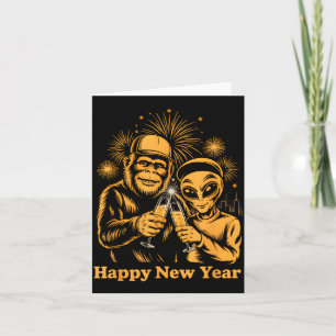 Happy New Year Bigfoot And Alien Sasquatch Firewor Card