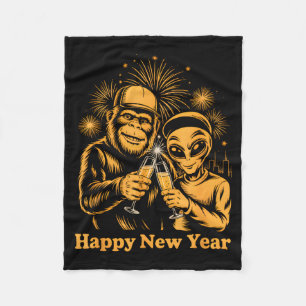 Happy New Year Bigfoot And Alien Sasquatch Firewor Fleece Blanket