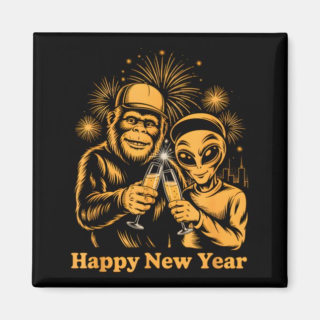 Happy New Year Bigfoot And Alien Sasquatch Firewor Magnet (Front)