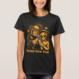 Happy New Year Bigfoot And Alien Sasquatch Firewor T-Shirt