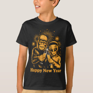 Happy New Year Bigfoot And Alien Sasquatch Firewor T-Shirt