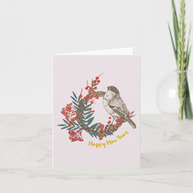 Happy New Year Bird Wreath Card (Front)