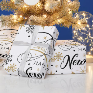 Happy New Year Black and Gold Snowflake  Wrapping Paper