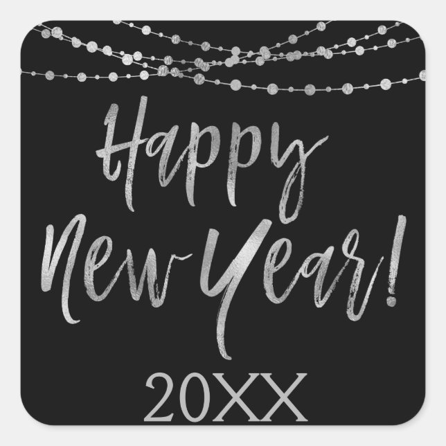 Happy New Year Black and Silver Foil String Lights Square Sticker (Front)