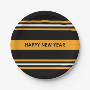 Happy New Year Black and Yellow Paper Plate