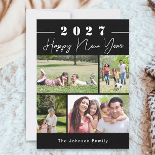 Happy New Year Black Custom 4 Photo Collage Holiday Card