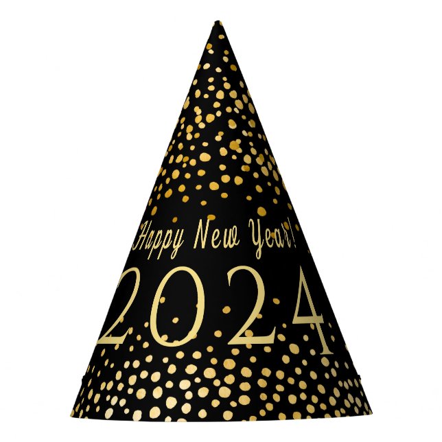 Happy New Year Black Faux Gold Confetti Holiday Party Hat (Front)