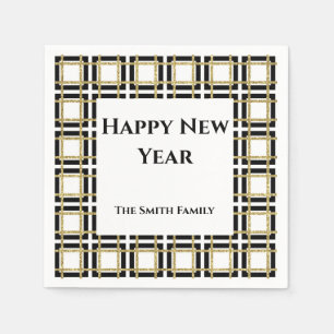 Happy  New Year Black Gold Boxes Paper Napkin