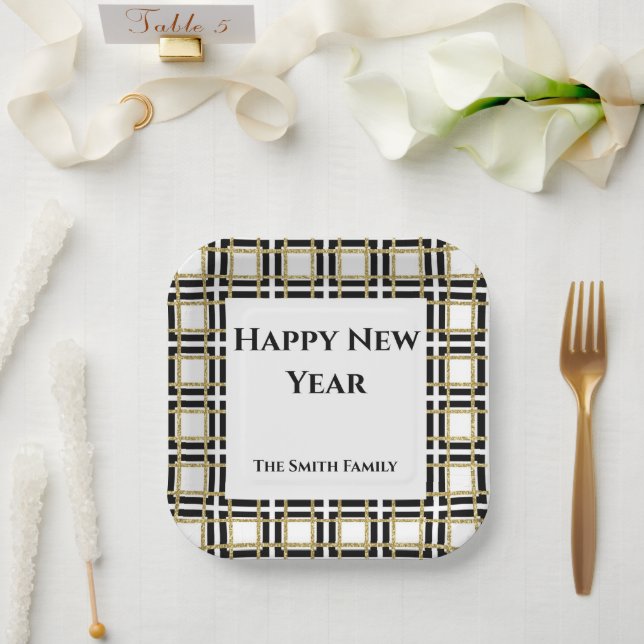 Happy  New Year Black Gold Boxes Paper Plate (Wedding)