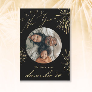 Happy New Year Black Gold Firework Photo 2024 Holiday Card