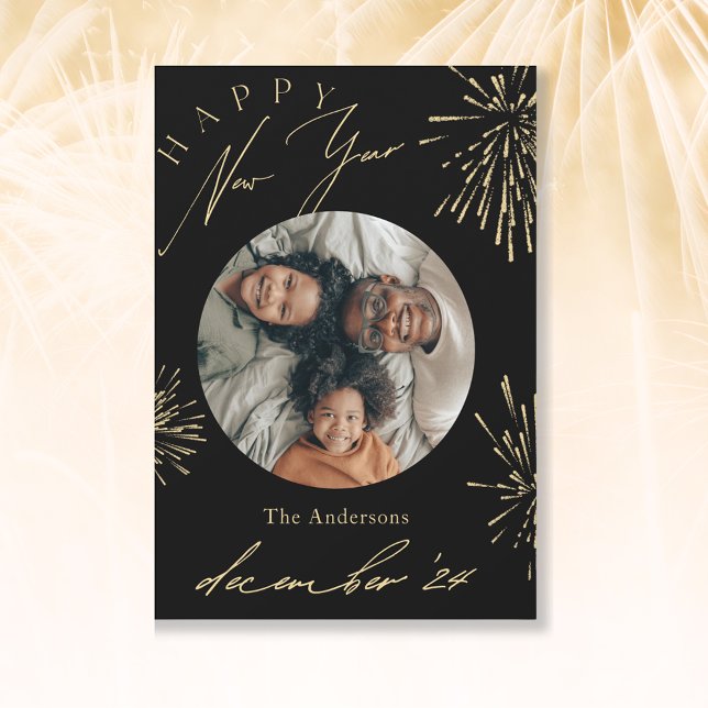 Happy New Year Black Gold Firework Photo 2024 Holiday Card (Creator Uploaded)