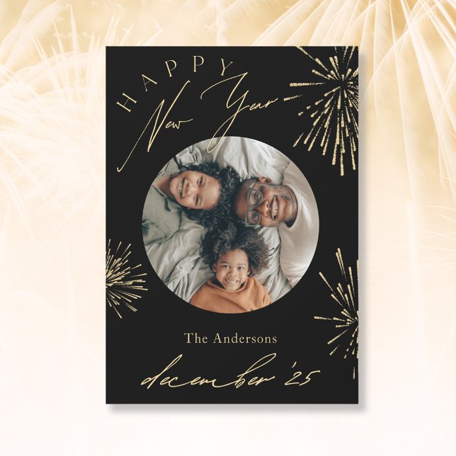 Happy New Year Black Gold Firework Photo Holiday Card (Creator Uploaded)