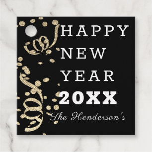 Happy New Year Black Gold Glitter Confetti Custom Favour Tags