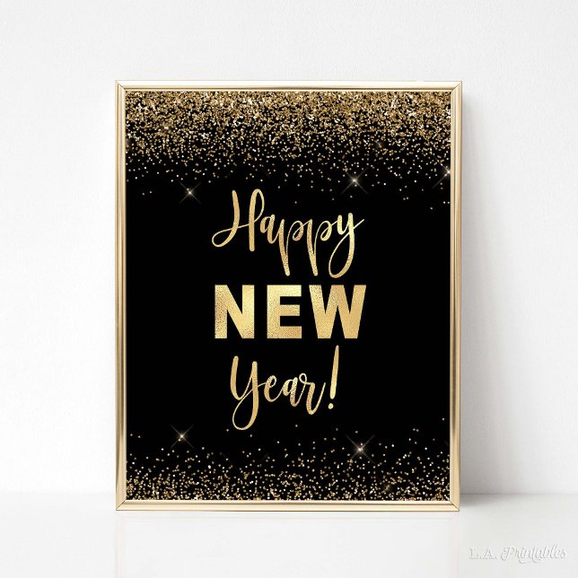 Happy New Year Black & Gold Glitter Party Sign (Happy New Year Party Sign, Black & Gold Glitter Confetti Theme)