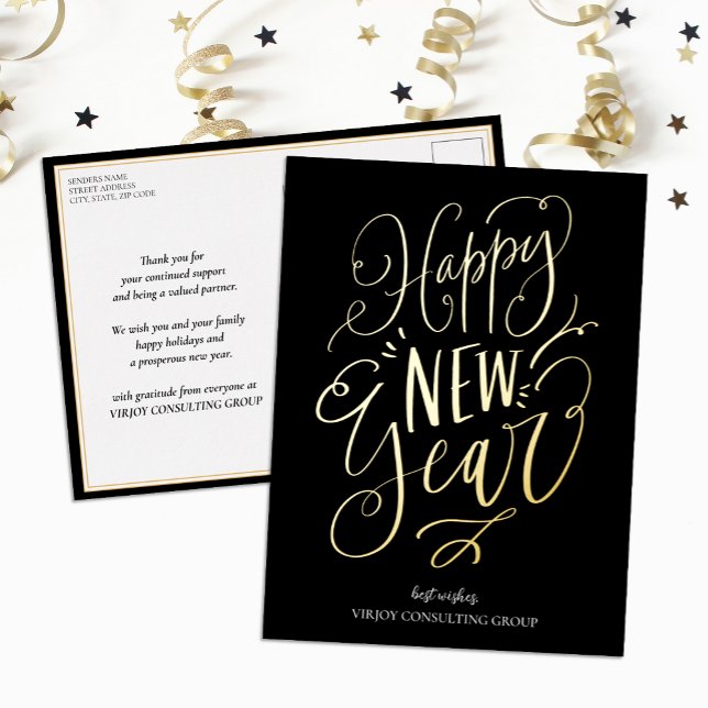 Happy New Year Black Gold Script Modern Business Foil Holiday Postcard (Creator Uploaded)