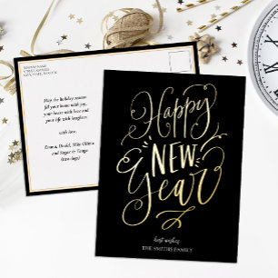 Happy New Year Black Gold Script Modern Non Photo Foil Holiday Postcard