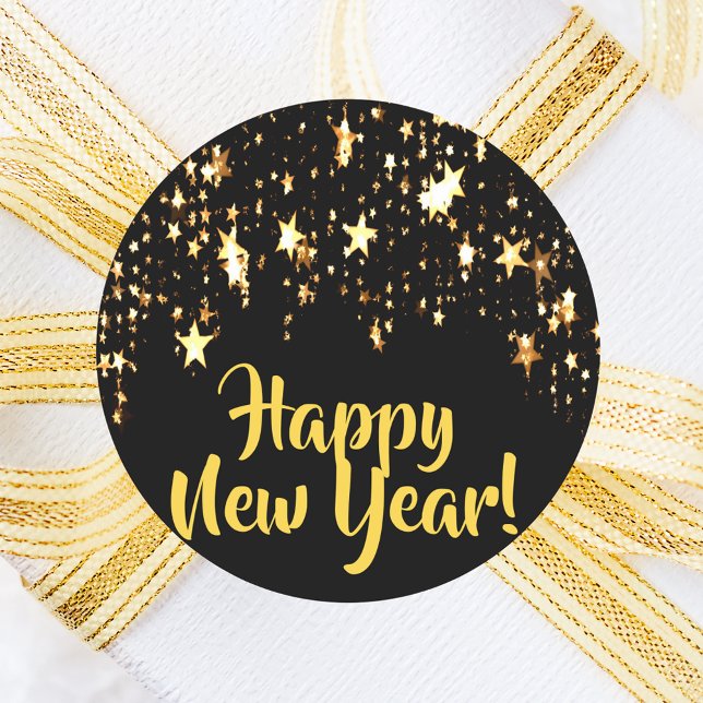 Happy New Year black gold shining stars Classic Round Sticker (Creator Uploaded)