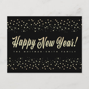 Happy New Year Black Gold Stars Family Postcard