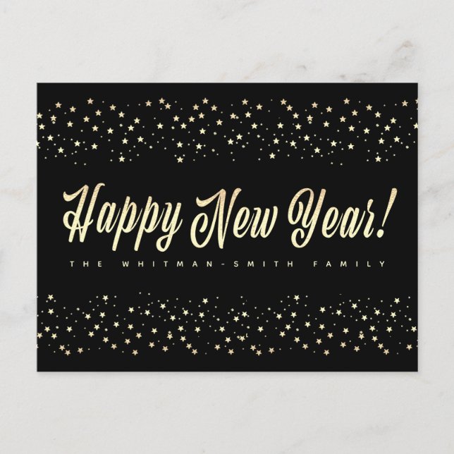 Happy New Year Black Gold Stars Family Postcard (Front)