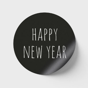 Happy New Year Black Modern Minimalist Holiday Classic Round Sticker