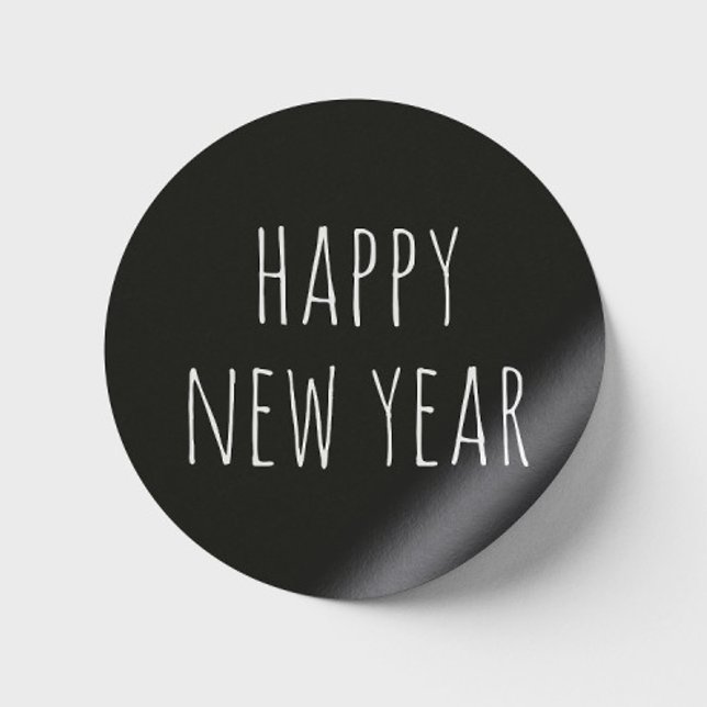 Happy New Year | Black Modern Minimalist Holiday Classic Round Sticker (Creator Uploaded)