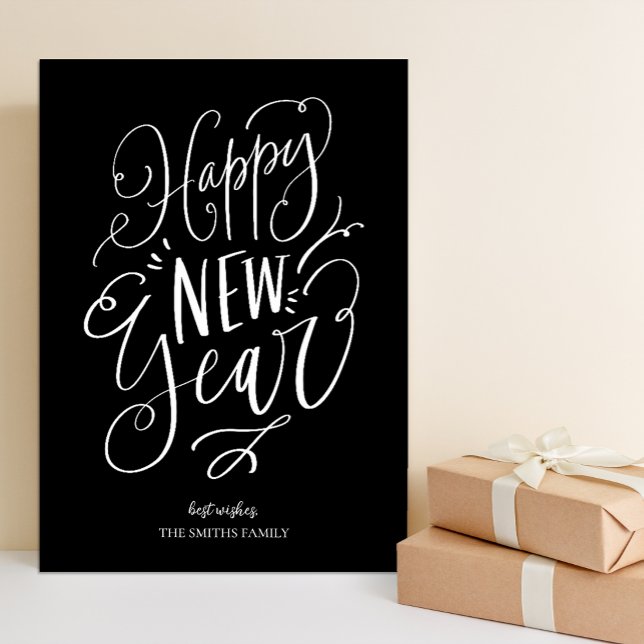 Happy New Year Black Script Modern Non Photo Holiday Card (Creator Uploaded)