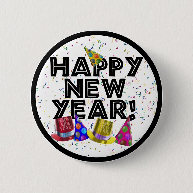 Happy New Year - Black Text with Party Hats 6 Cm Round Badge (Front)