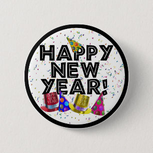 Happy New Year - Black Text with Party Hats 6 Cm Round Badge
