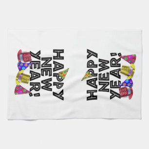 Happy New Year - Black Text with Party Hats Tea Towel