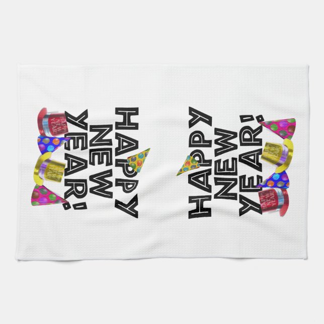 Happy New Year - Black Text with Party Hats Tea Towel (Horizontal)