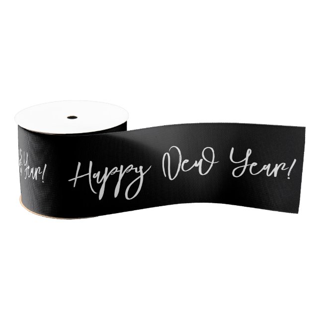 Happy New Year! Black White Chic Cursive Text Grosgrain Ribbon (Spool)