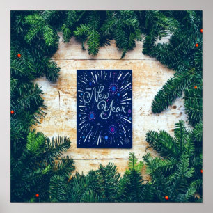 Happy New Year Blue and Green Pine Poster