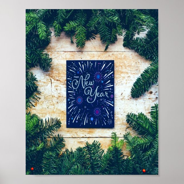 Happy New Year Blue and Green Pine Poster (Front)