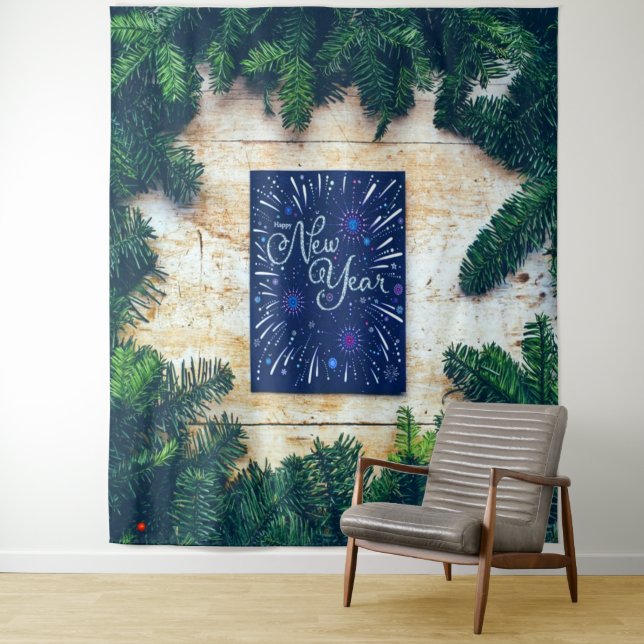 Happy New Year Blue and Green Pine Tapestry (In Situ)
