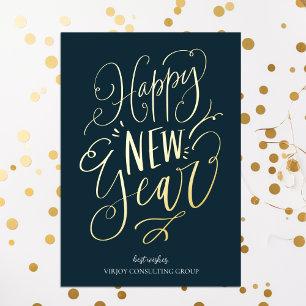 Happy New Year Blue Gold Script Modern Business