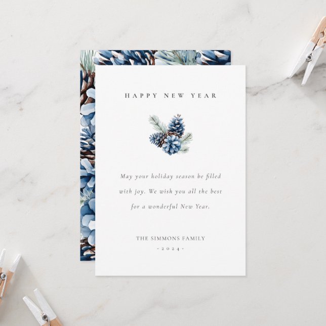 Happy New Year Blue Pinecones Flat Card (Front/Back In Situ)