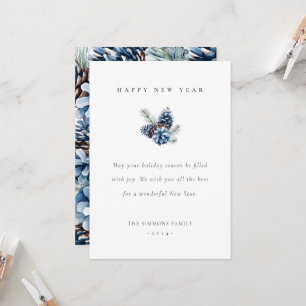 Happy New Year Blue Pinecones Flat Card