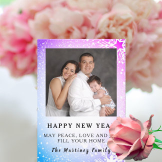 Happy New Year Blue & Purple Snow Scene Family Holiday Card