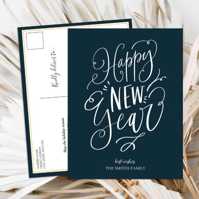 Happy New Year Blue Script Modern Non Photo Holiday Postcard (Creator Uploaded)