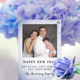 Happy New Year Blue Snow Scene Family Flat Card