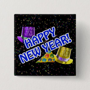 HAPPY NEW YEAR! Blue Text w/Party Hats 15 Cm Square Badge
